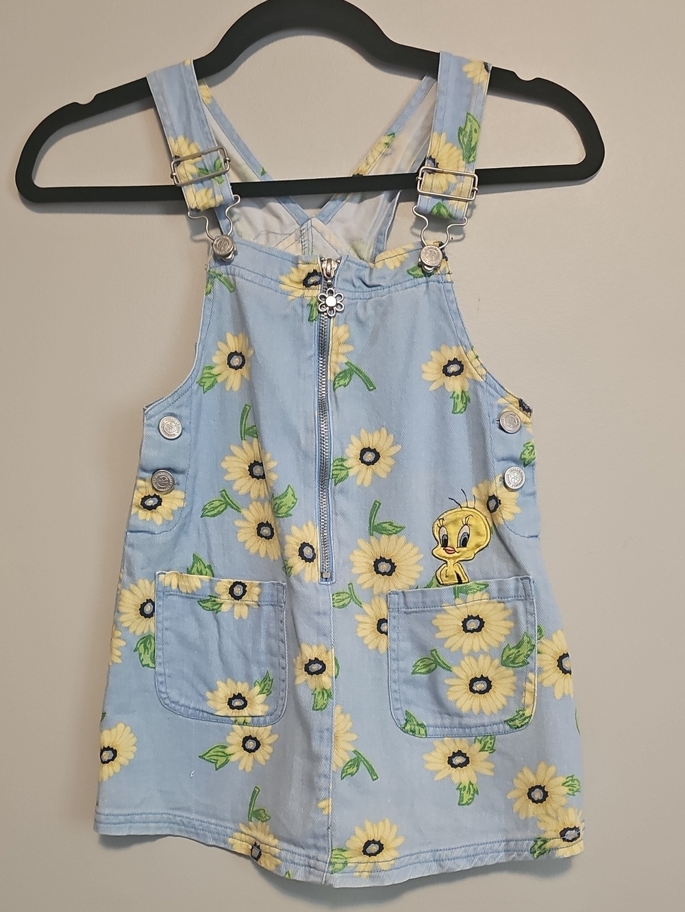 Vintage Warner Bros. Looney Tunes Light Blue Sunflower Tweety Overalls Dress